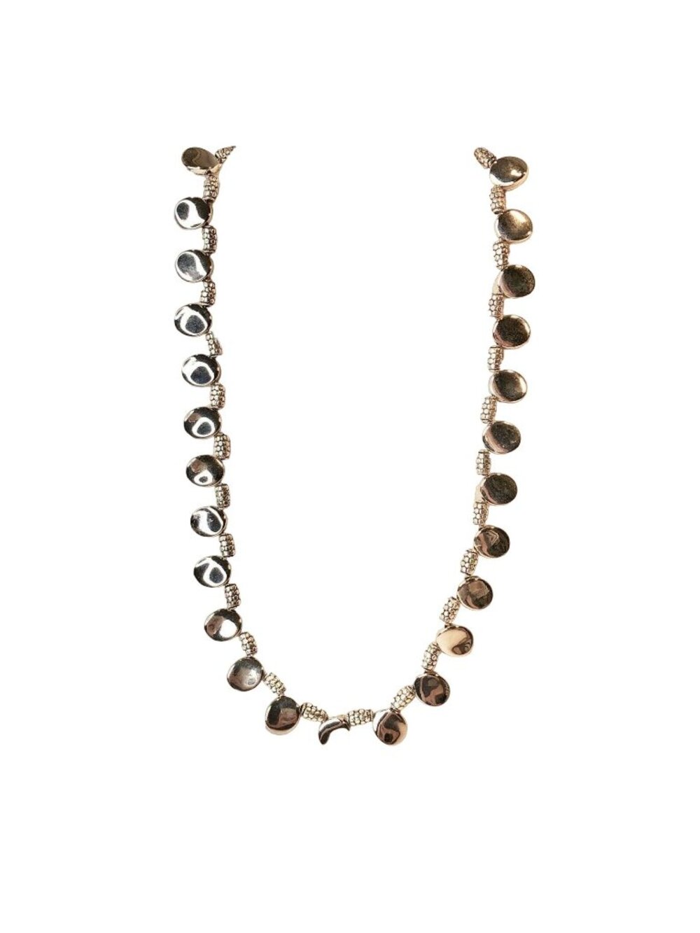 Handcrafted SilverTone Disc Beaded Necklace With Textured Accents Toggle Clasp